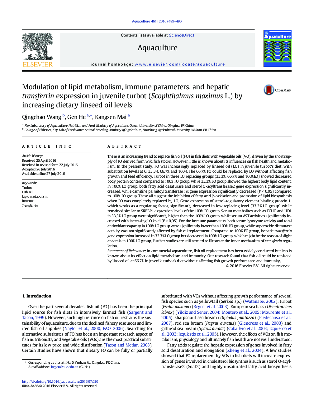 Modulation of lipid metabolism, immune parameters, and hepatic transferrin expression in juvenile turbot (Scophthalmus maximus L.) by increasing dietary linseed oil levels