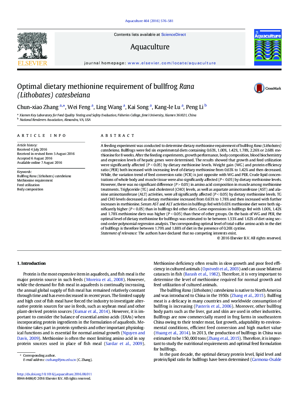 Optimal dietary methionine requirement of bullfrog Rana (Lithobates) catesbeiana