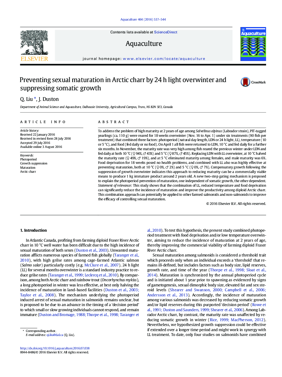 Preventing sexual maturation in Arctic charr by 24Â h light overwinter and suppressing somatic growth