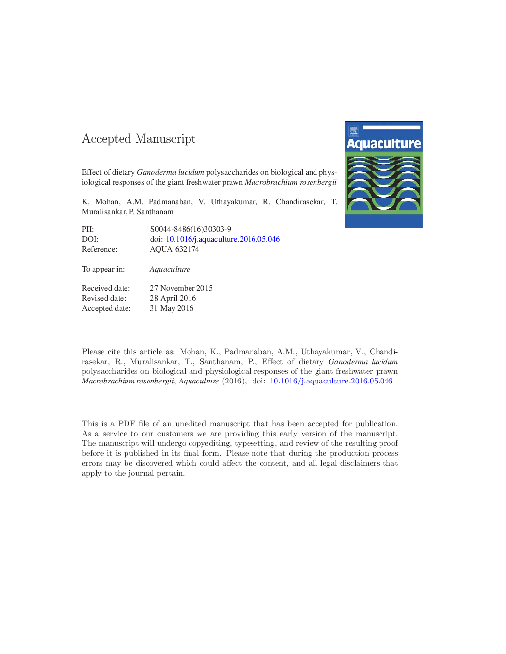 Effect of dietary Ganoderma lucidum polysaccharides on biological and physiological responses of the giant freshwater prawn Macrobrachium rosenbergii