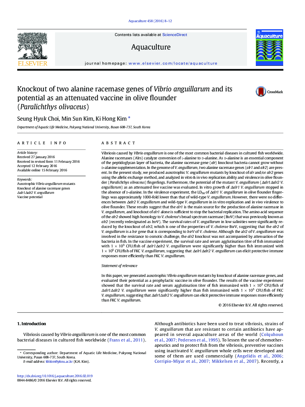 Knockout of two alanine racemase genes of Vibrio anguillarum and its potential as an attenuated vaccine in olive flounder (Paralichthys olivaceus)