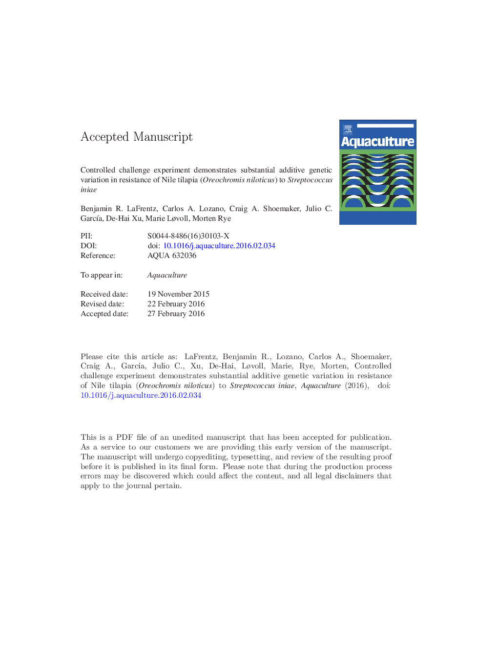 Controlled challenge experiment demonstrates substantial additive genetic variation in resistance of Nile tilapia (Oreochromis niloticus) to Streptococcus iniae