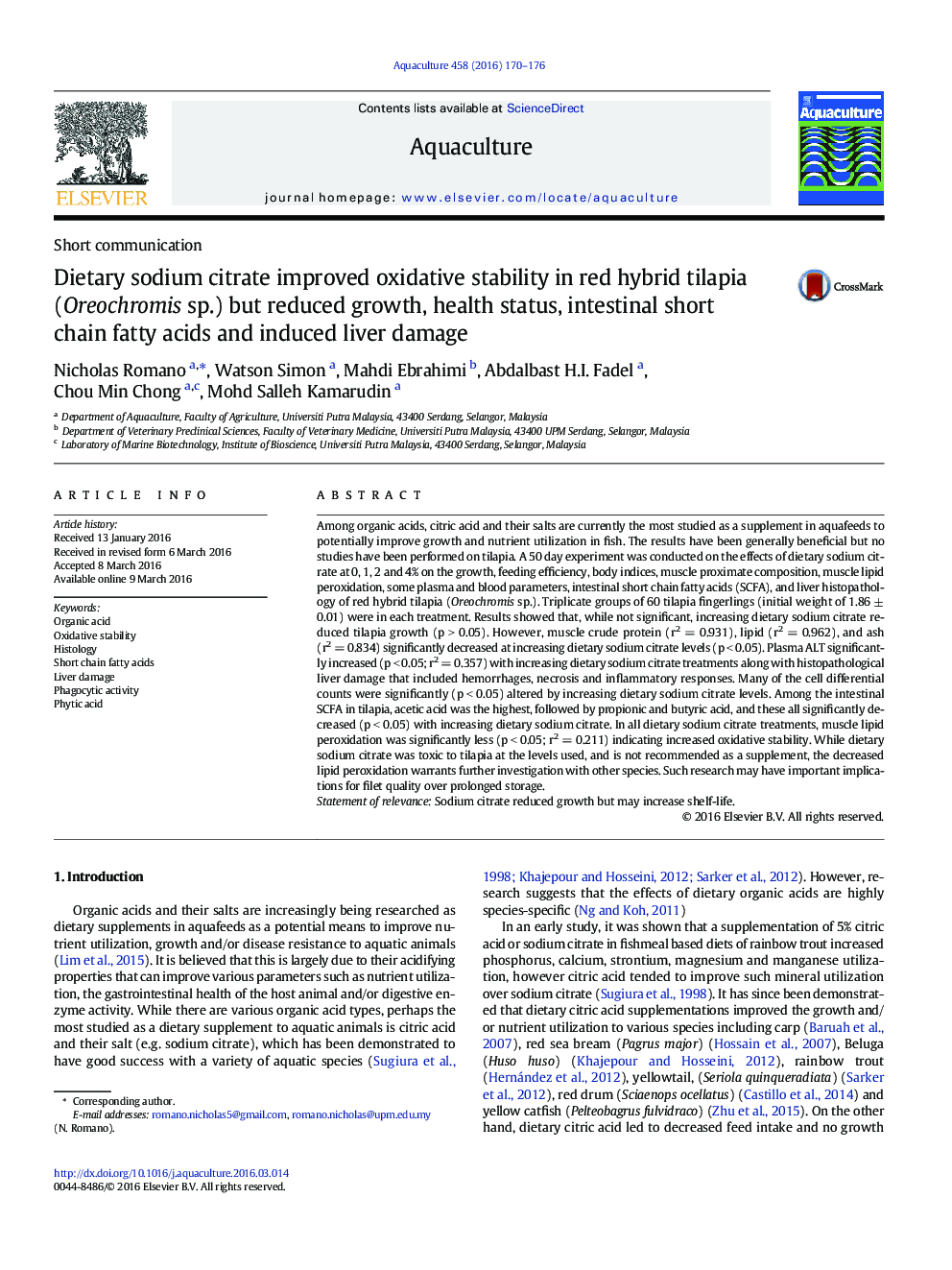 Dietary sodium citrate improved oxidative stability in red hybrid tilapia (Oreochromis sp.) but reduced growth, health status, intestinal short chain fatty acids and induced liver damage