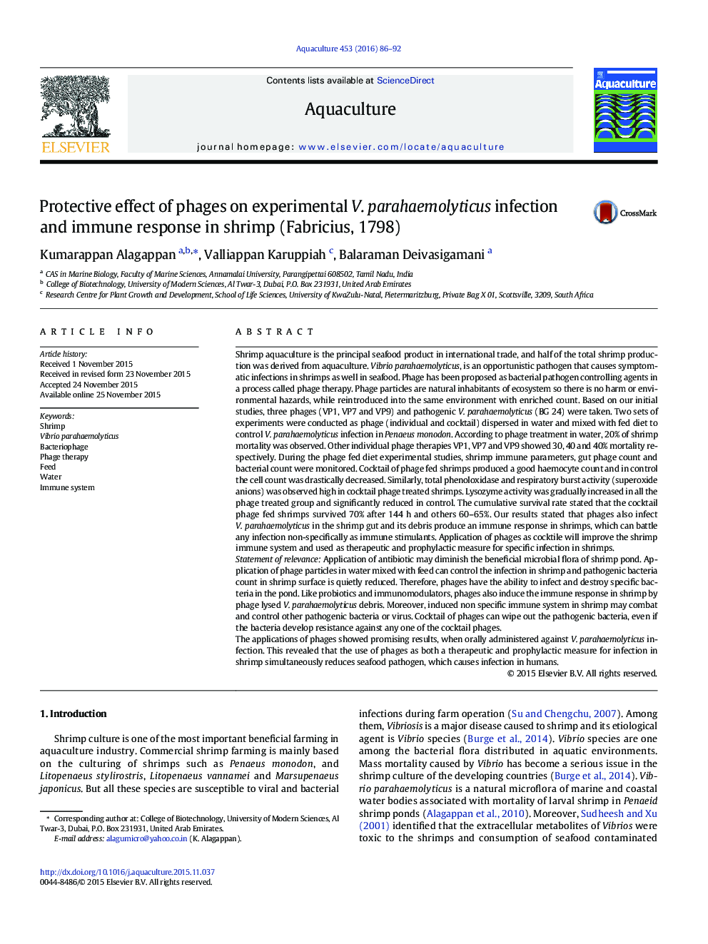 Protective effect of phages on experimental V. parahaemolyticus infection and immune response in shrimp (Fabricius, 1798)