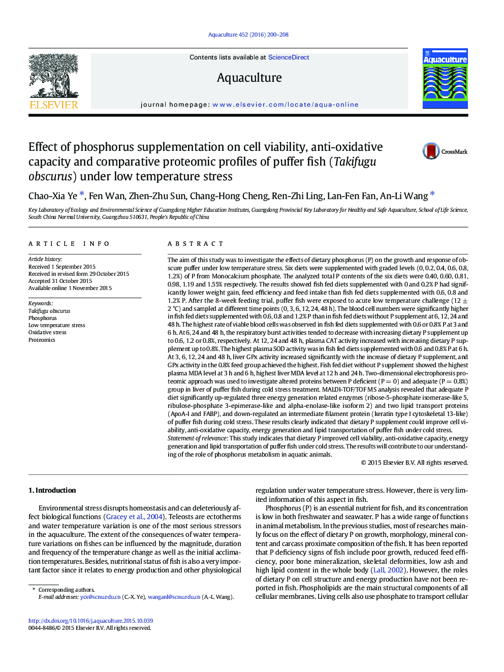 Effect of phosphorus supplementation on cell viability, anti-oxidative capacity and comparative proteomic profiles of puffer fish (Takifugu obscurus) under low temperature stress