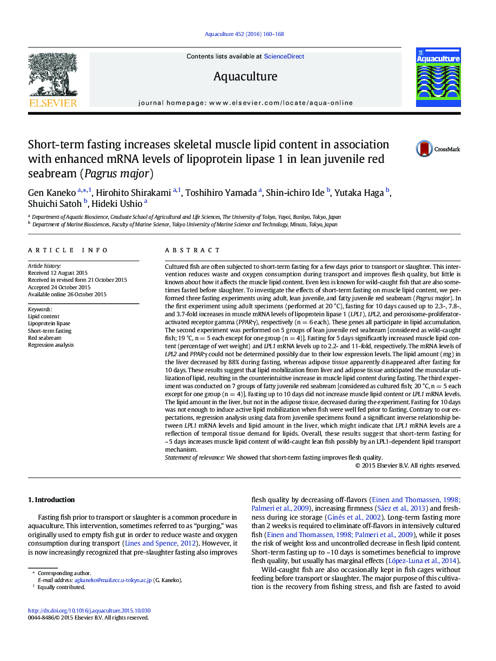 Short-term fasting increases skeletal muscle lipid content in association with enhanced mRNA levels of lipoprotein lipase 1 in lean juvenile red seabream (Pagrus major)