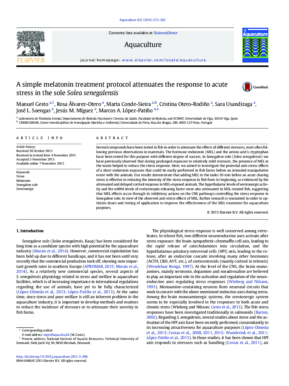 A simple melatonin treatment protocol attenuates the response to acute stress in the sole Solea senegalensis