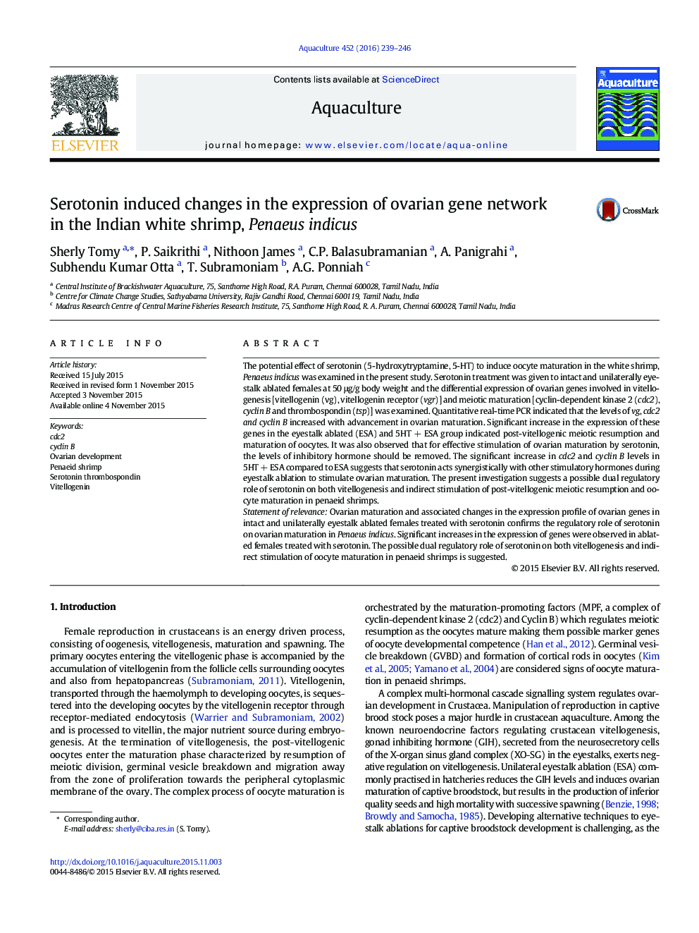 عکس صفحه اول مقاله: Serotonin induced changes in the expression of ovarian gene network in the Indian white shrimp, Penaeus indicus Serotonin induced changes in the expression of ovarian gene network in the Indian white shrimp, Penaeus indicus