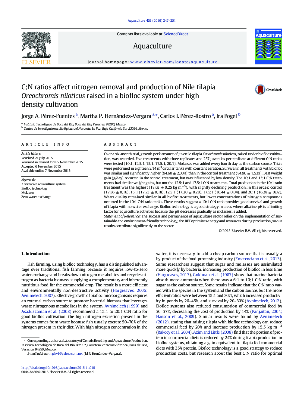 C:N ratios affect nitrogen removal and production of Nile tilapia Oreochromis niloticus raised in a biofloc system under high density cultivation