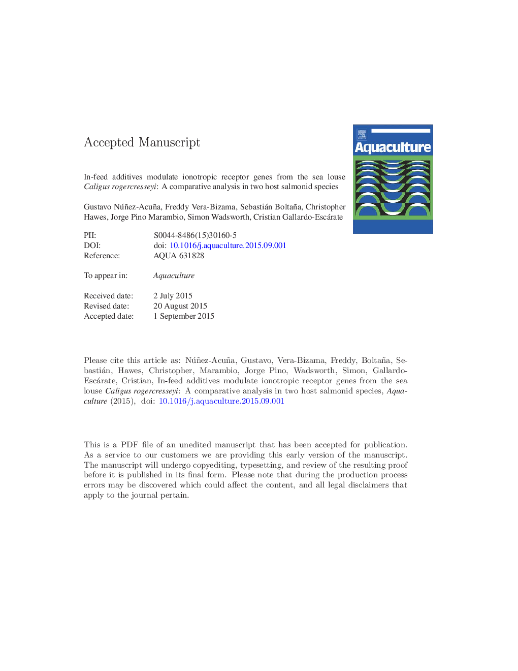 In-feed additives modulate ionotropic receptor genes from the sea louse Caligus rogercresseyi: A comparative analysis in two host salmonid species