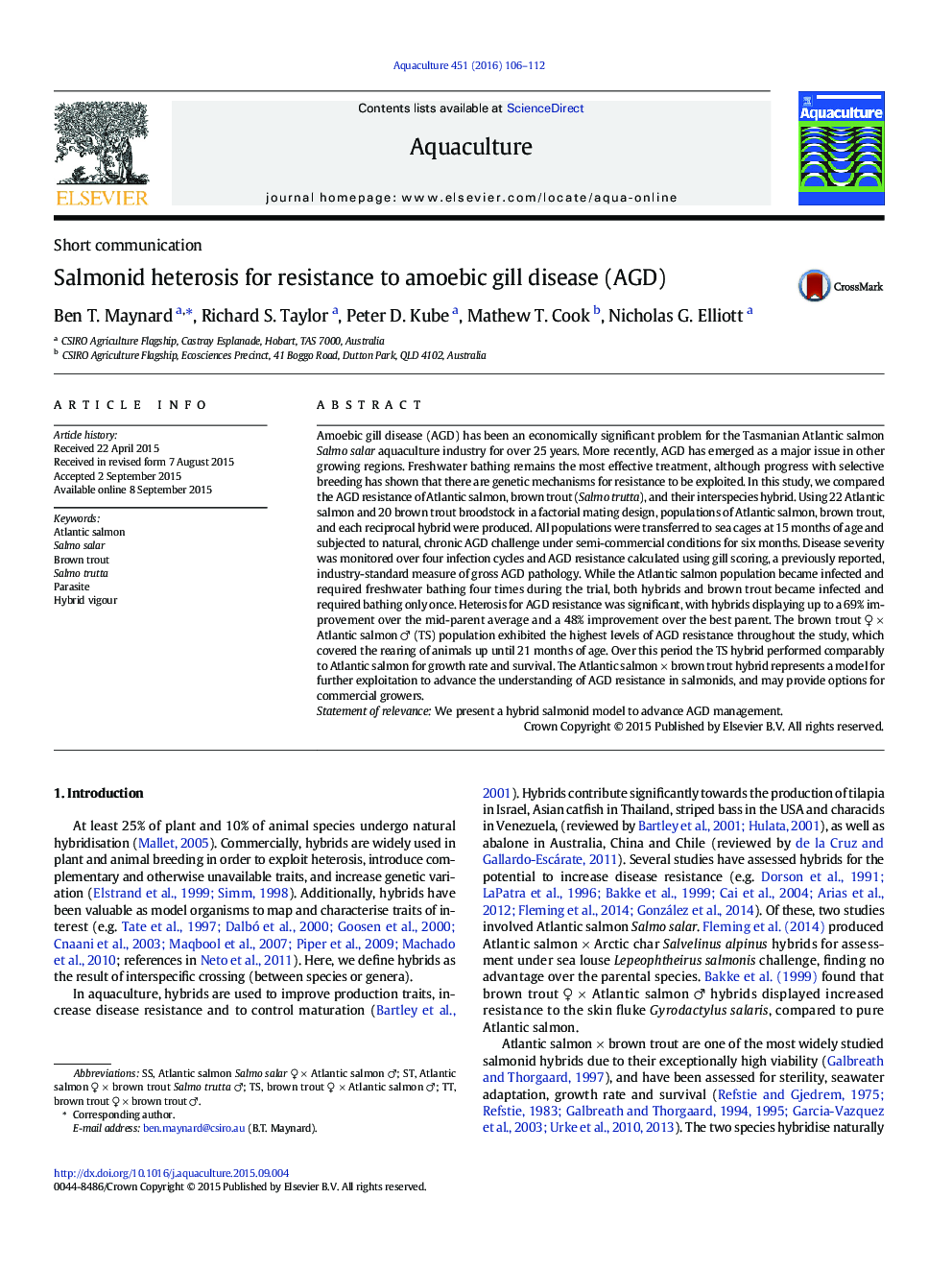 Salmonid heterosis for resistance to amoebic gill disease (AGD)