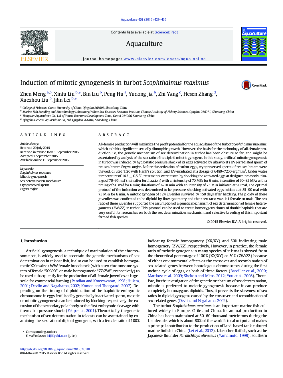 Induction of mitotic gynogenesis in turbot Scophthalmus maximus