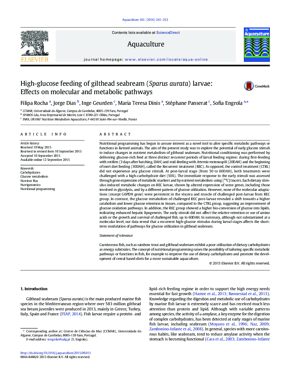 High-glucose feeding of gilthead seabream (Sparus aurata) larvae: Effects on molecular and metabolic pathways