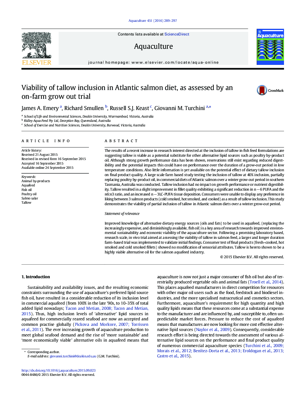 Viability of tallow inclusion in Atlantic salmon diet, as assessed by an on-farm grow out trial