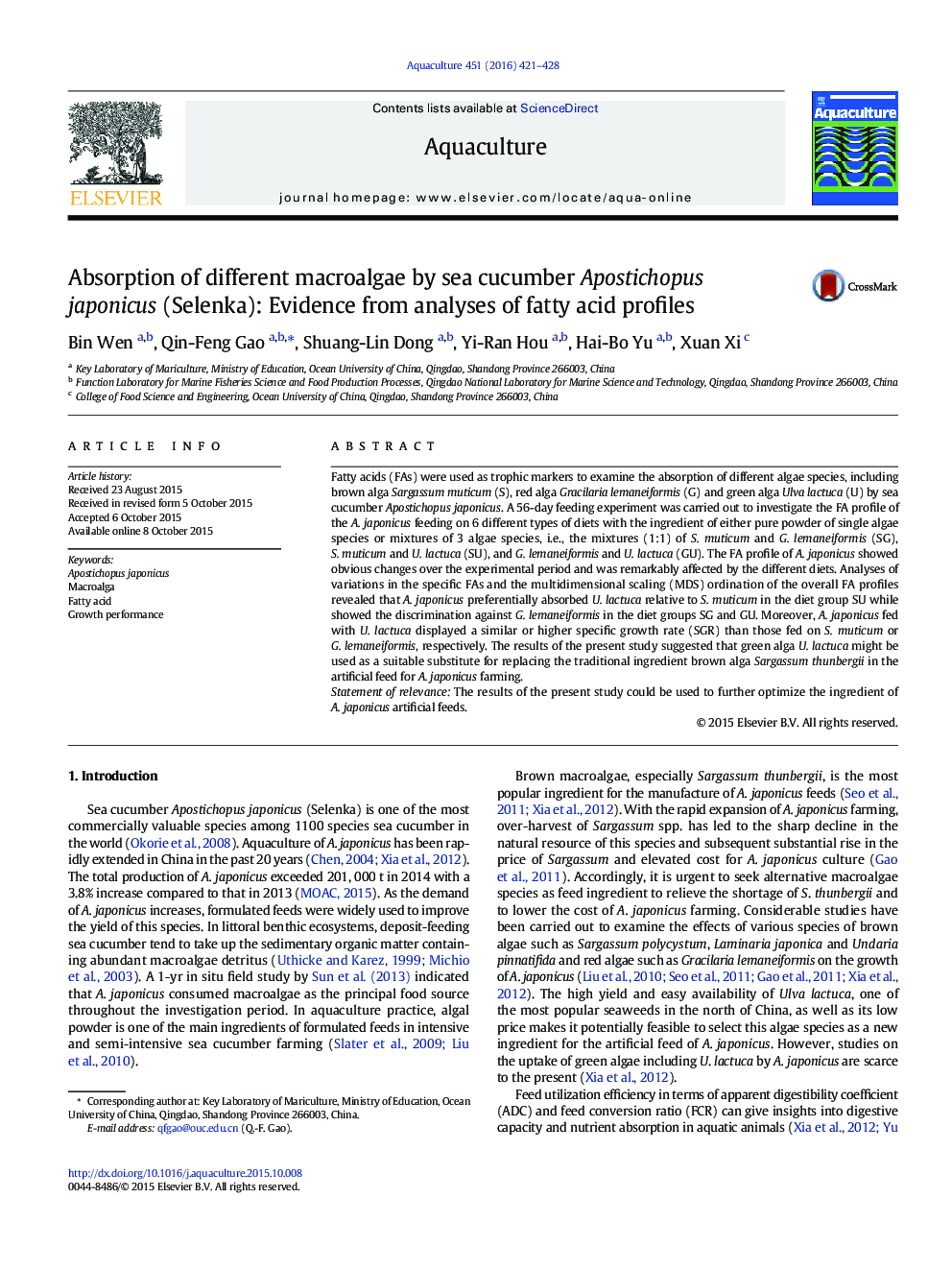 Absorption of different macroalgae by sea cucumber Apostichopus japonicus (Selenka): Evidence from analyses of fatty acid profiles