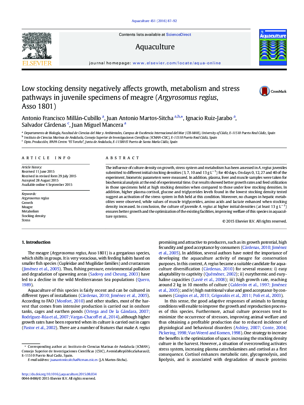 Low stocking density negatively affects growth, metabolism and stress pathways in juvenile specimens of meagre (Argyrosomus regius, Asso 1801)