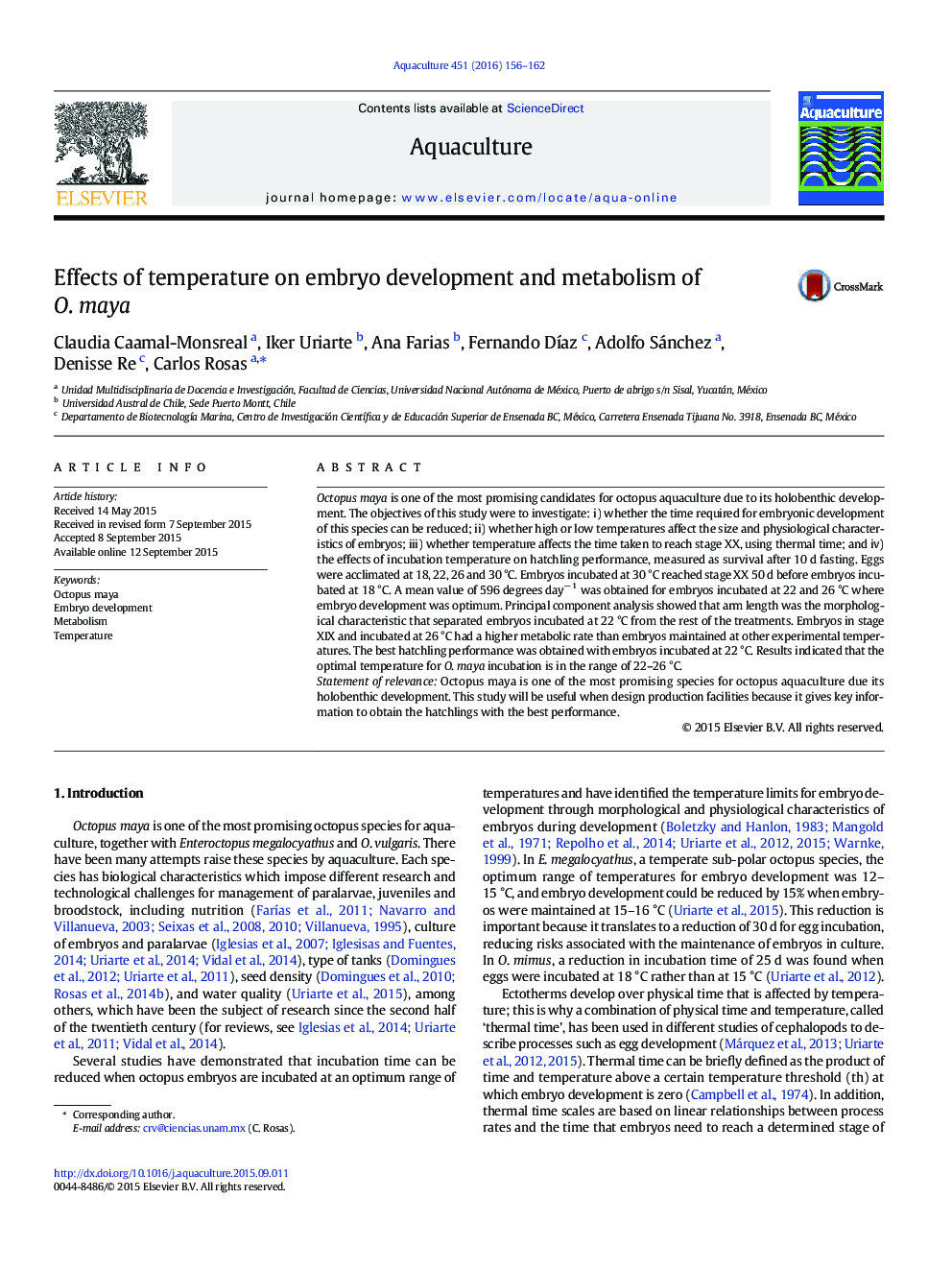 Effects of temperature on embryo development and metabolism of O. maya