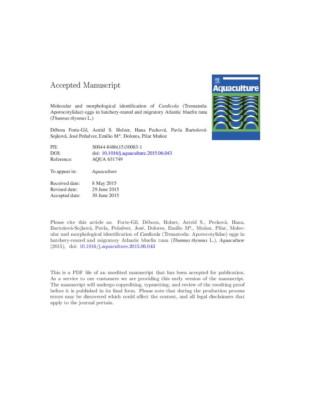 Molecular and morphological identification of Cardicola (Trematoda: Aporocotylidae) eggs in hatchery-reared and migratory Atlantic bluefin tuna (Thunnus thynnus L.)