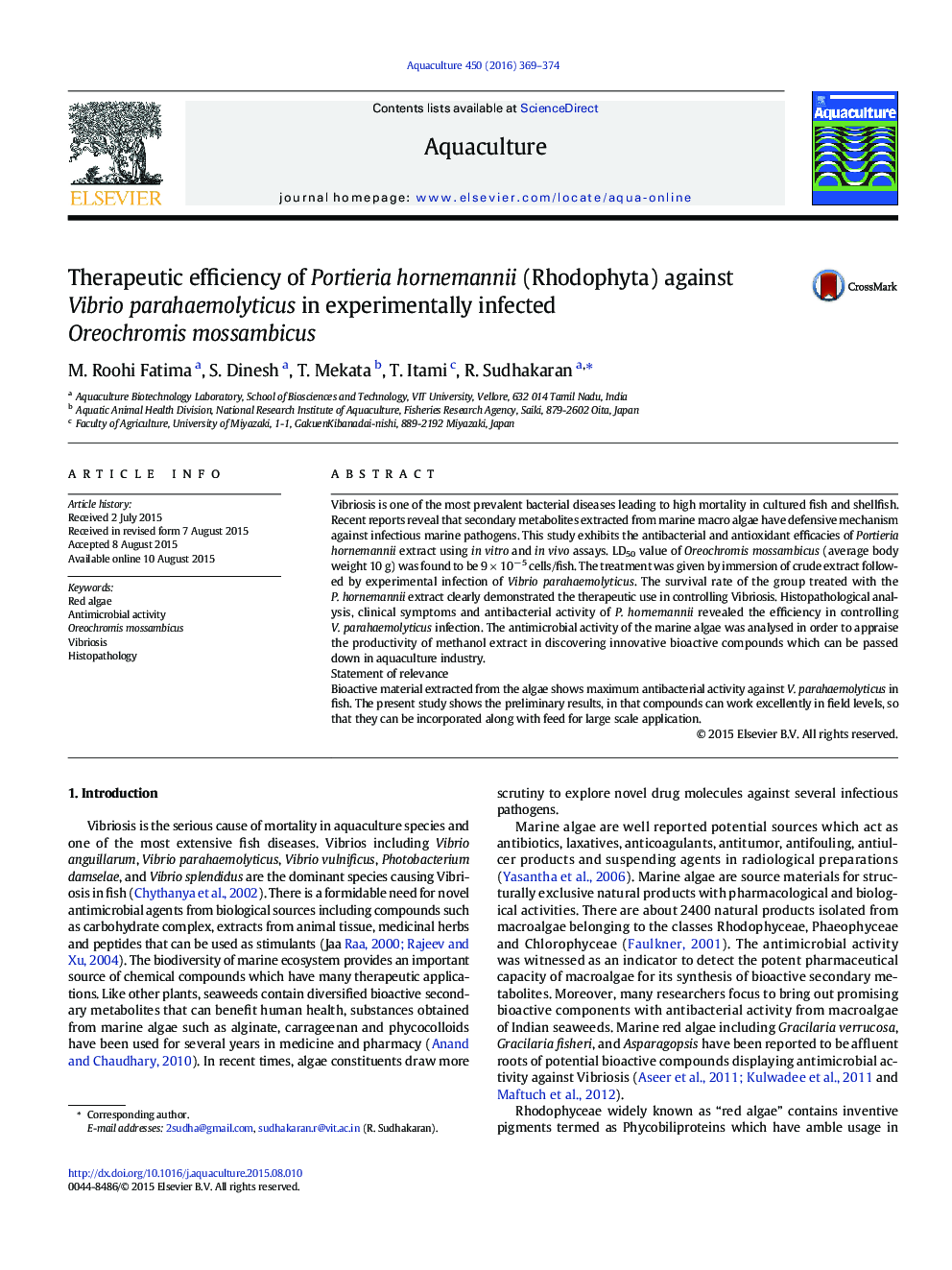 Therapeutic efficiency of Portieria hornemannii (Rhodophyta) against Vibrio parahaemolyticus in experimentally infected Oreochromis mossambicus