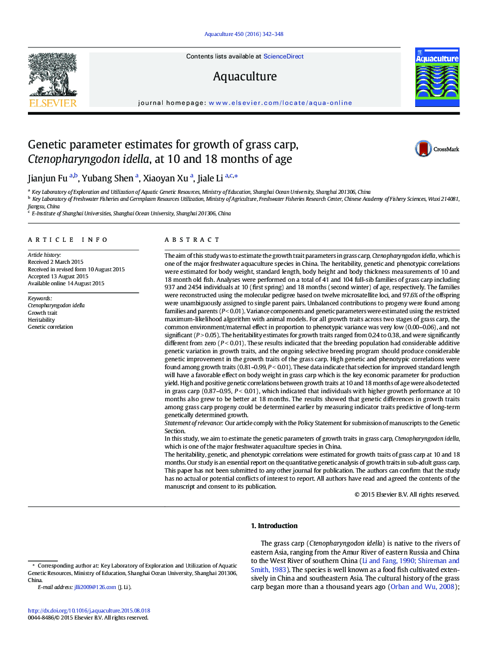 Genetic parameter estimates for growth of grass carp, Ctenopharyngodon idella, at 10 and 18Â months of age