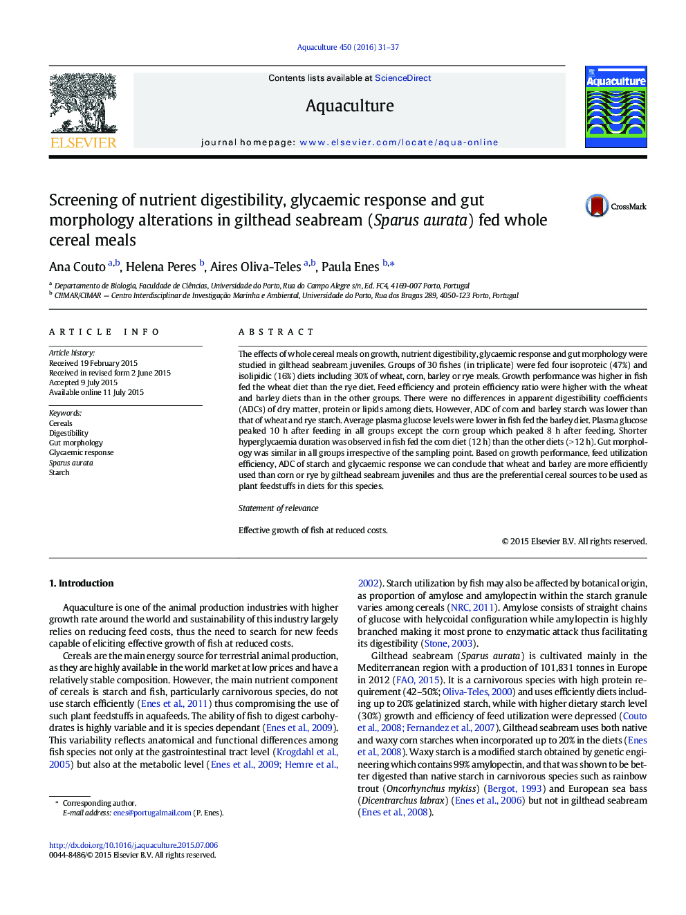 Screening of nutrient digestibility, glycaemic response and gut morphology alterations in gilthead seabream (Sparus aurata) fed whole cereal meals