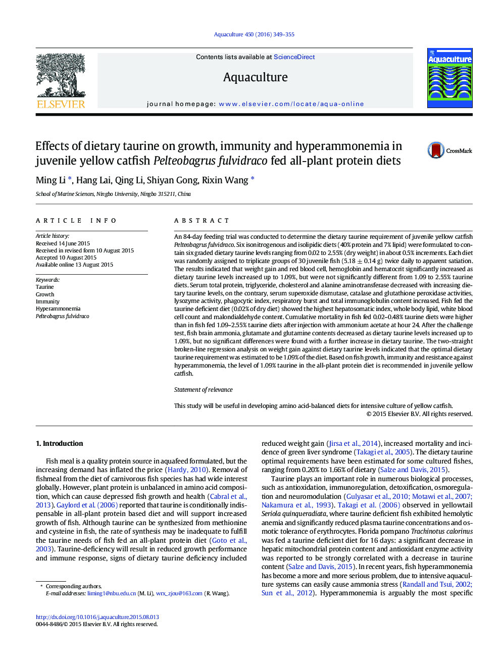 Effects of dietary taurine on growth, immunity and hyperammonemia in juvenile yellow catfish Pelteobagrus fulvidraco fed all-plant protein diets