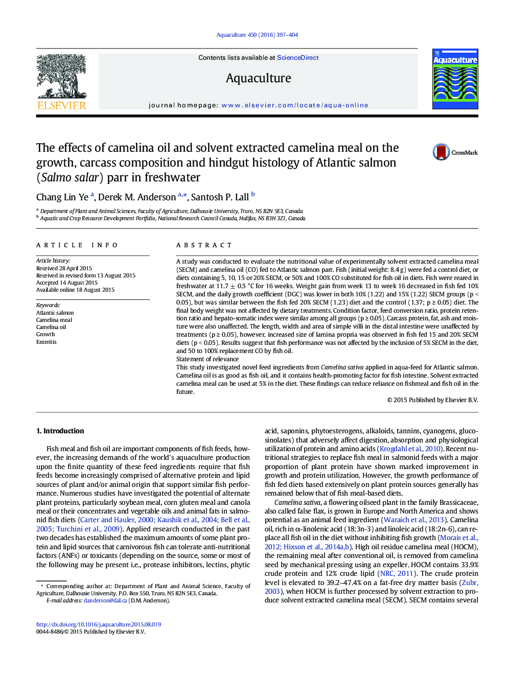 The effects of camelina oil and solvent extracted camelina meal on the growth, carcass composition and hindgut histology of Atlantic salmon (Salmo salar) parr in freshwater