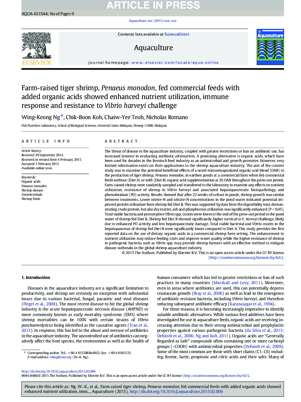 Farm-raised tiger shrimp, Penaeus monodon, fed commercial feeds with added organic acids showed enhanced nutrient utilization, immune response and resistance to Vibrio harveyi challenge