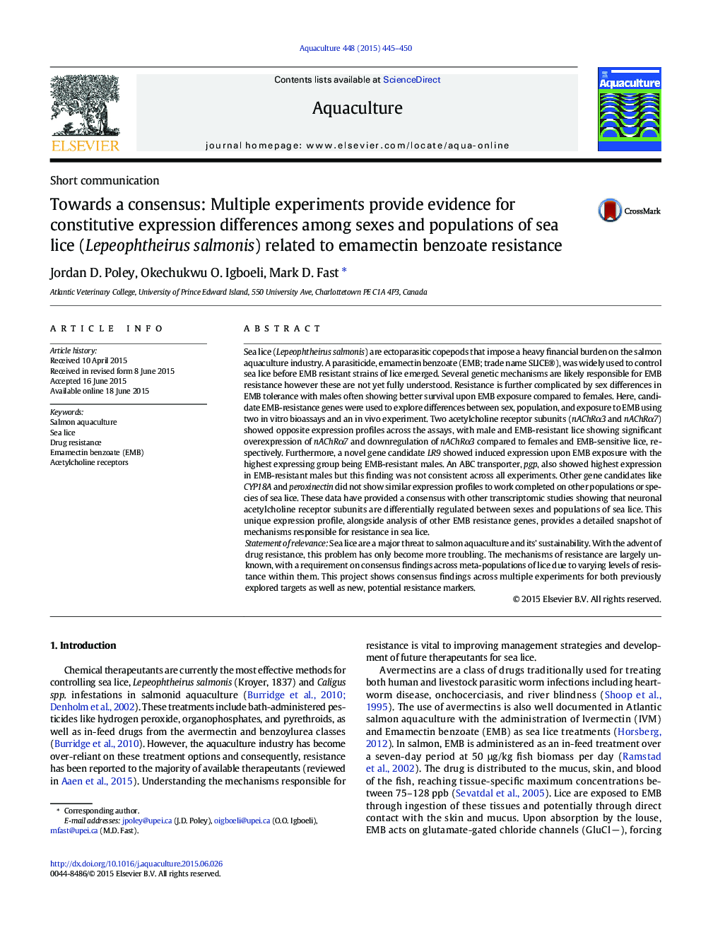 Towards a consensus: Multiple experiments provide evidence for constitutive expression differences among sexes and populations of sea lice (Lepeophtheirus salmonis) related to emamectin benzoate resistance