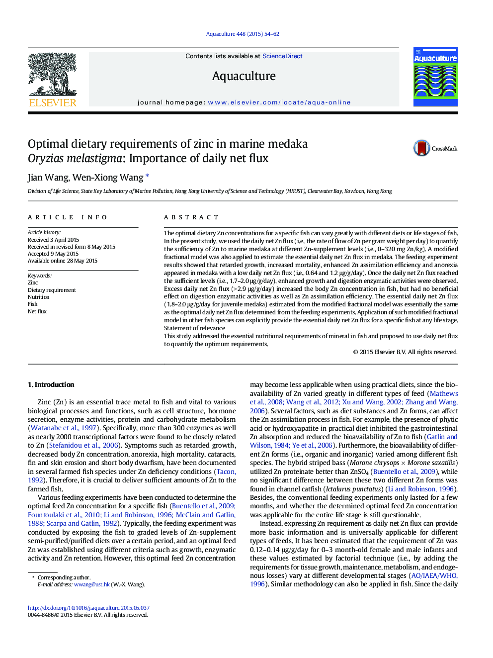 Optimal dietary requirements of zinc in marine medaka Oryzias melastigma: Importance of daily net flux