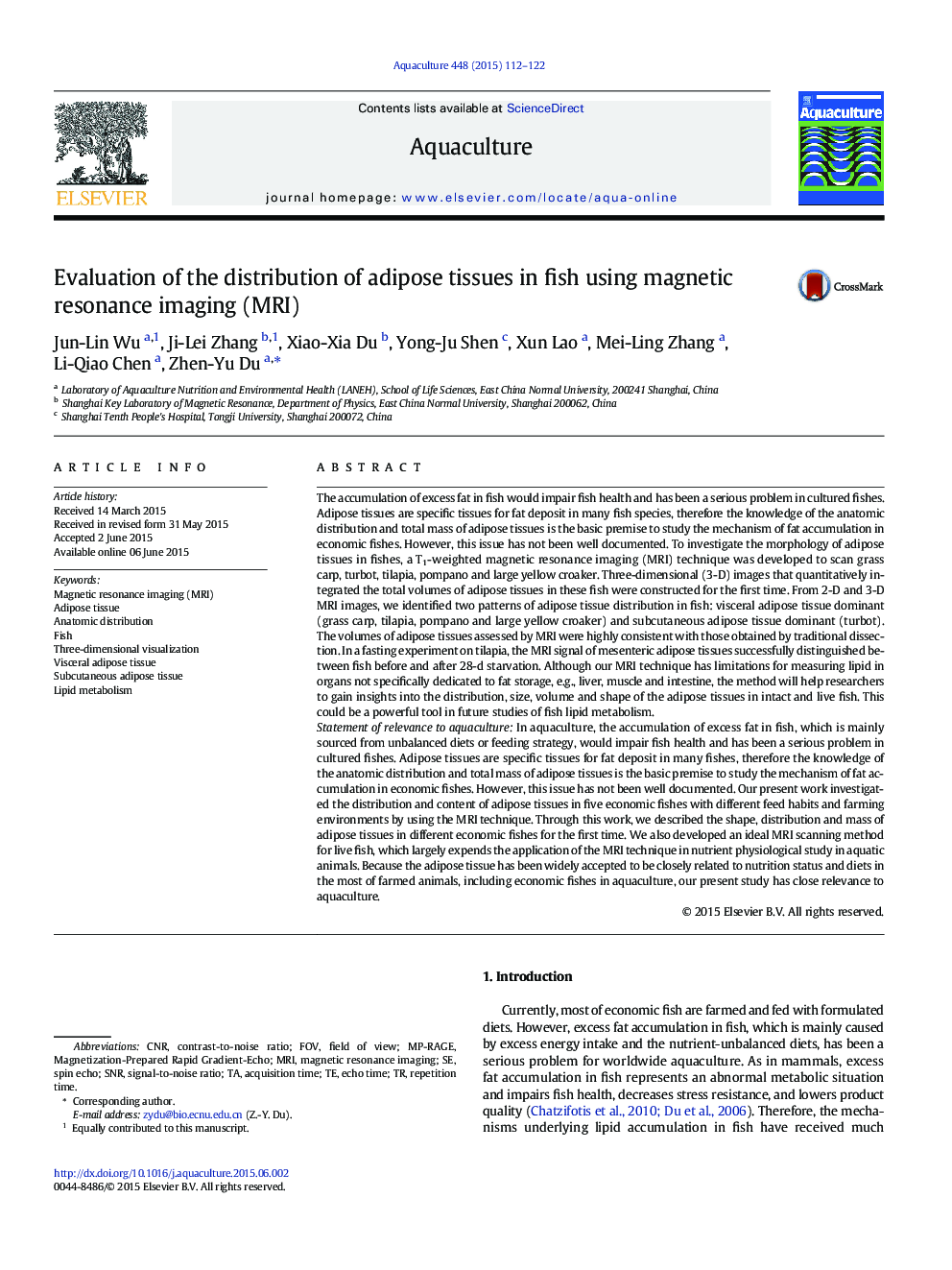 Evaluation of the distribution of adipose tissues in fish using magnetic resonance imaging (MRI)