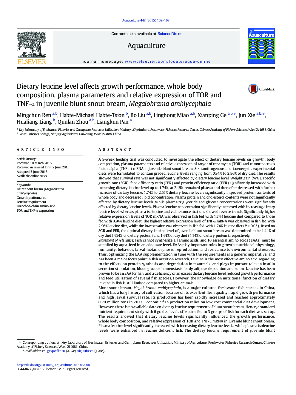 Dietary leucine level affects growth performance, whole body composition, plasma parameters and relative expression of TOR and TNF-É in juvenile blunt snout bream, Megalobrama amblycephala