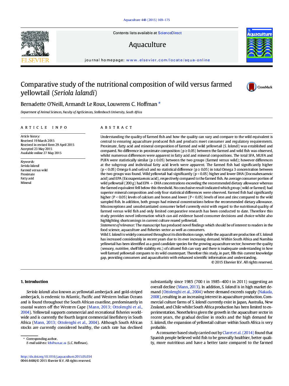 Comparative study of the nutritional composition of wild versus farmed yellowtail (Seriola lalandi)