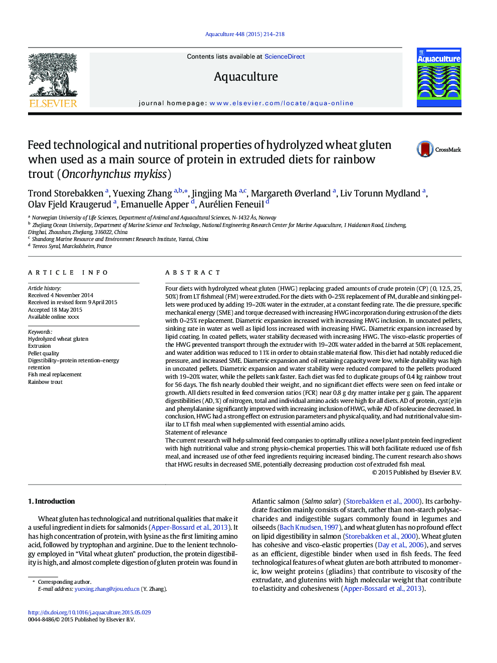 Feed technological and nutritional properties of hydrolyzed wheat gluten when used as a main source of protein in extruded diets for rainbow trout (Oncorhynchus mykiss)