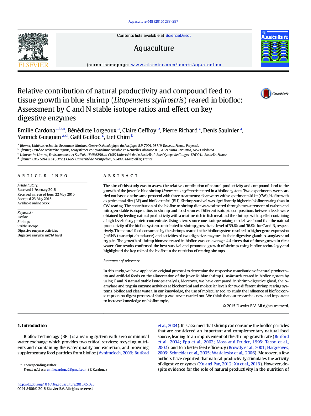 Relative contribution of natural productivity and compound feed to tissue growth in blue shrimp (Litopenaeus stylirostris) reared in biofloc: Assessment by C and N stable isotope ratios and effect on key digestive enzymes