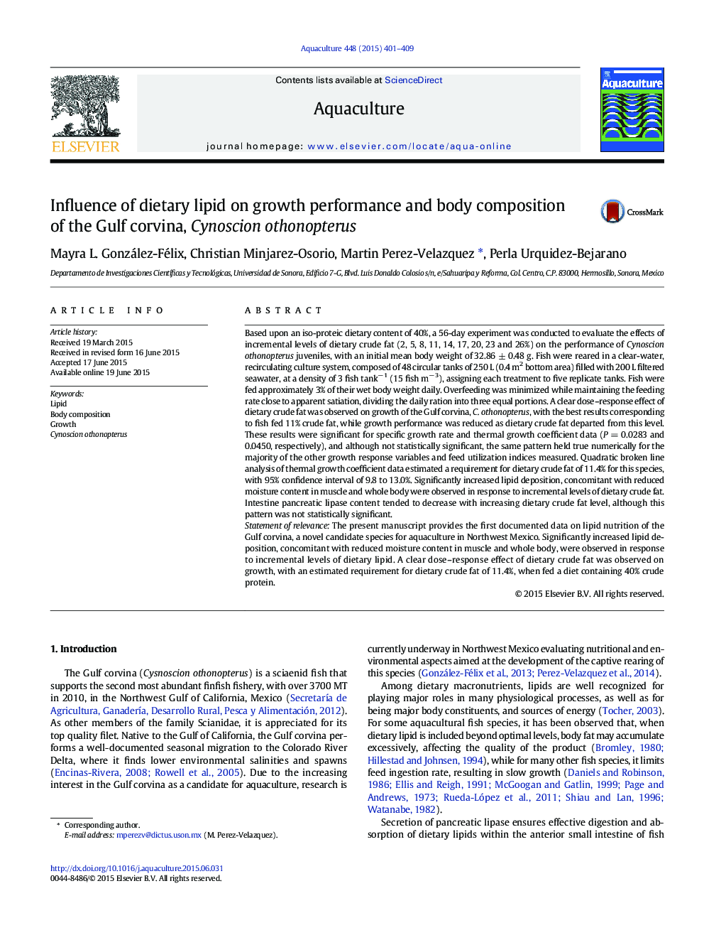 Influence of dietary lipid on growth performance and body composition of the Gulf corvina, Cynoscion othonopterus