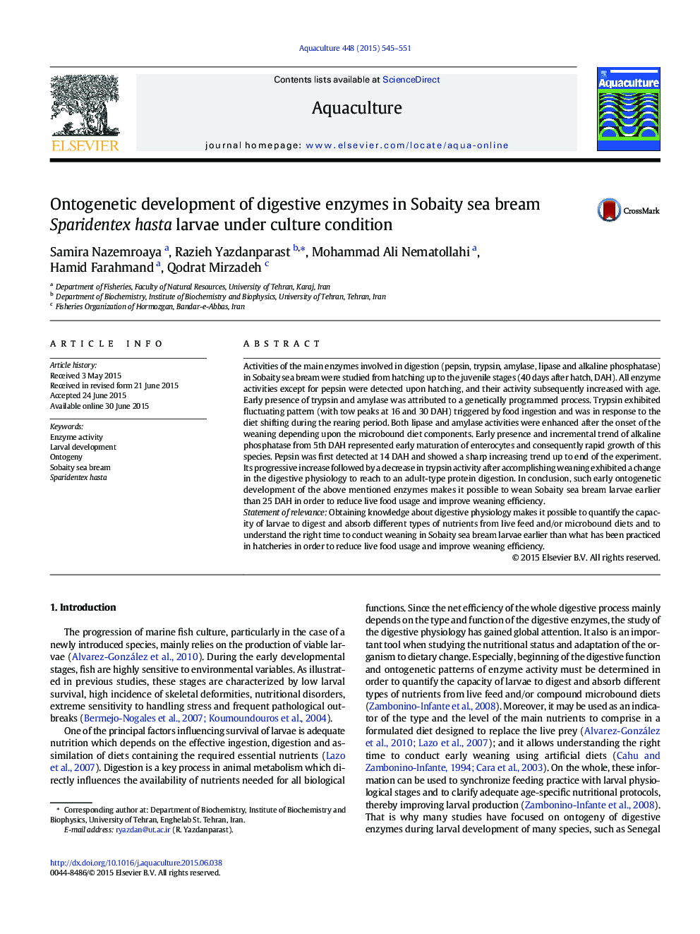 Ontogenetic development of digestive enzymes in Sobaity sea bream Sparidentex hasta larvae under culture condition