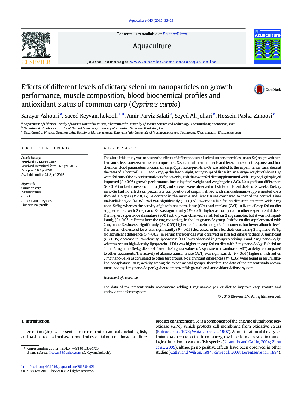 Effects of different levels of dietary selenium nanoparticles on growth performance, muscle composition, blood biochemical profiles and antioxidant status of common carp (Cyprinus carpio)