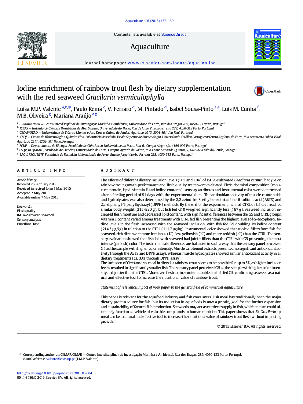 Iodine enrichment of rainbow trout flesh by dietary supplementation with the red seaweed Gracilaria vermiculophylla