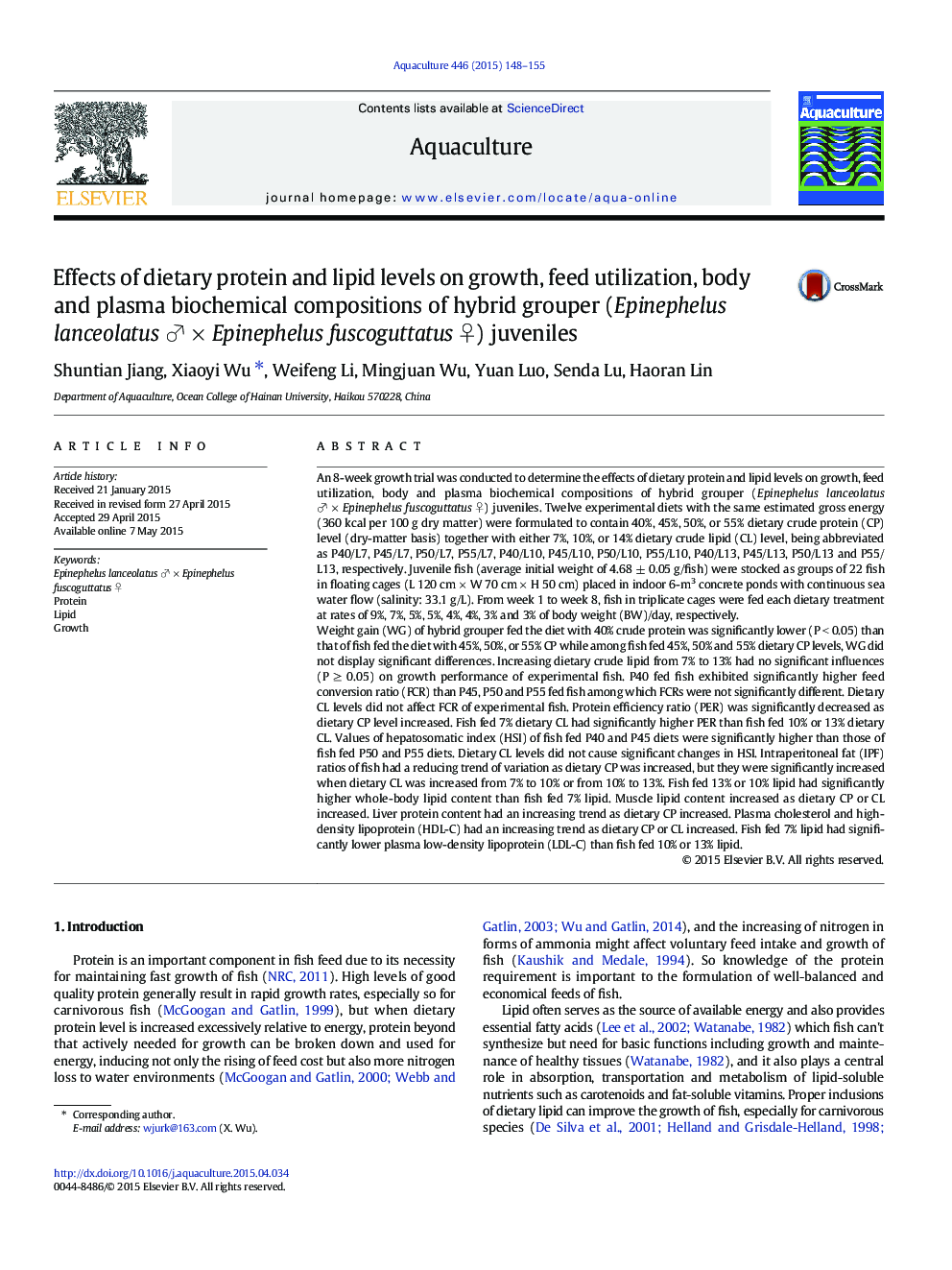 Effects of dietary protein and lipid levels on growth, feed utilization, body and plasma biochemical compositions of hybrid grouper (Epinephelus lanceolatus âÂ ÃÂ Epinephelus fuscoguttatus â) juveniles