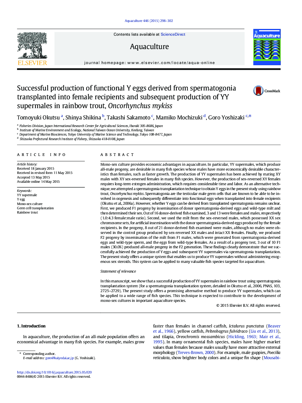 Successful production of functional Y eggs derived from spermatogonia transplanted into female recipients and subsequent production of YY supermales in rainbow trout, Oncorhynchus mykiss