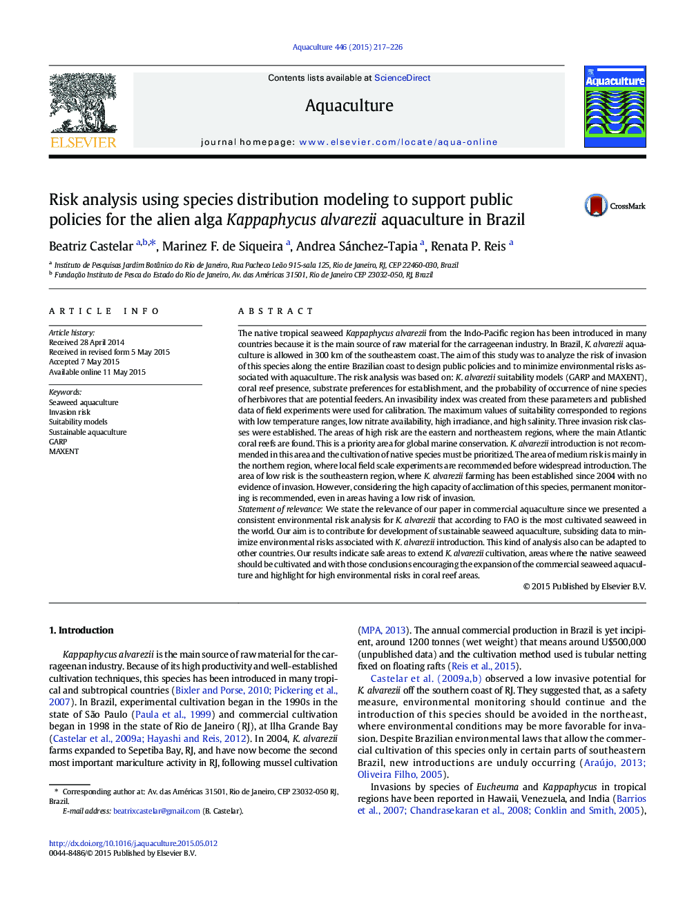 Risk analysis using species distribution modeling to support public policies for the alien alga Kappaphycus alvarezii aquaculture in Brazil