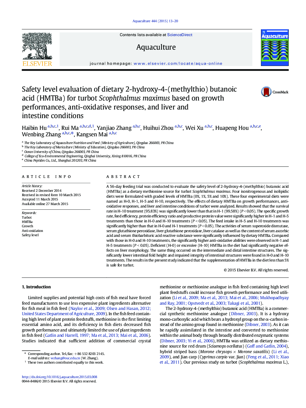 Safety level evaluation of dietary 2-hydroxy-4-(methylthio) butanoic acid (HMTBa) for turbot Scophthalmus maximus based on growth performances, anti-oxidative responses, and liver and intestine conditions