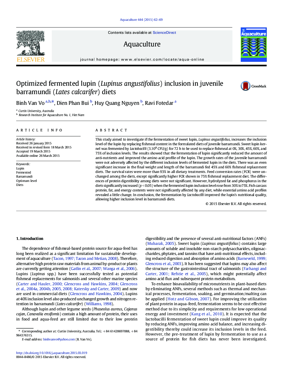 Optimized fermented lupin (Lupinus angustifolius) inclusion in juvenile barramundi (Lates calcarifer) diets
