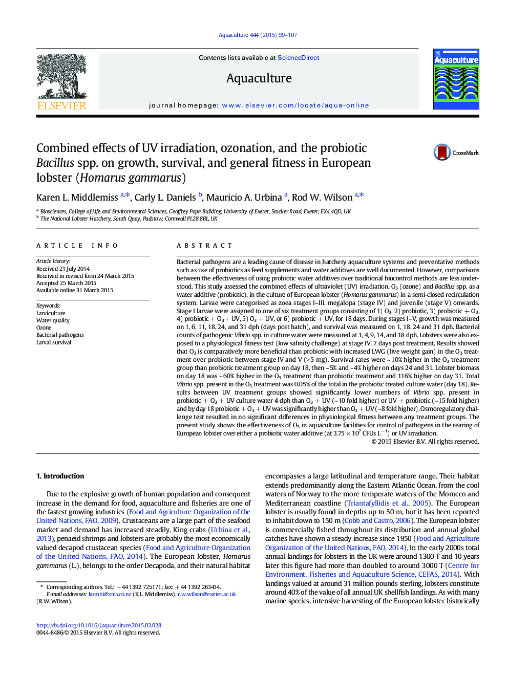 Combined effects of UV irradiation, ozonation, and the probiotic Bacillus spp. on growth, survival, and general fitness in European lobster (Homarus gammarus)