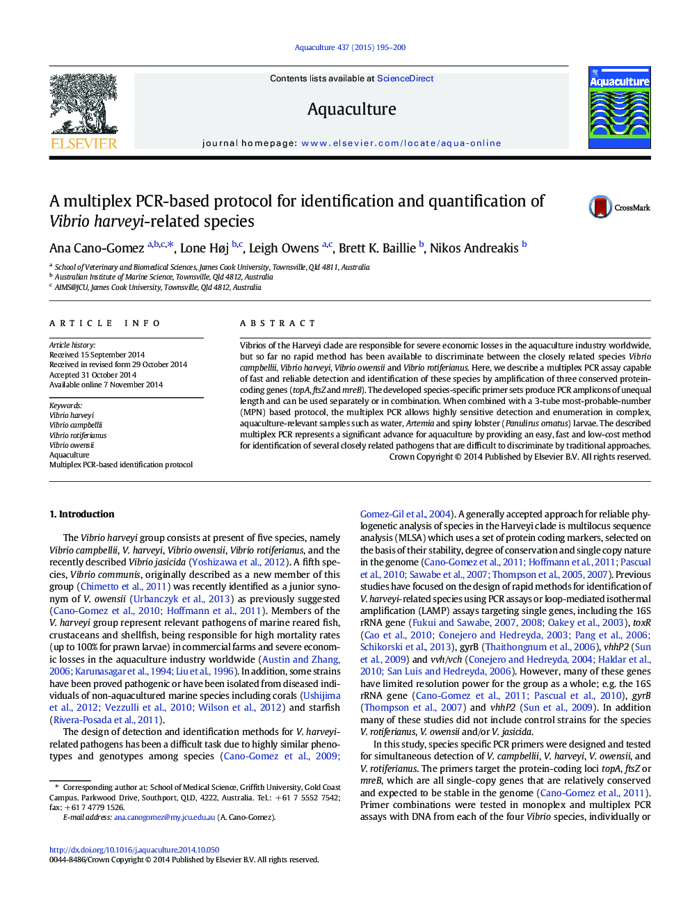 A multiplex PCR-based protocol for identification and quantification of Vibrio harveyi-related species