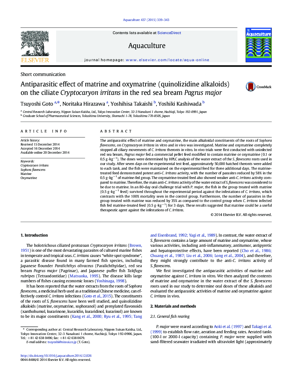 اثر ضد انگلی ماتریون و اکسیماتروین (آلوالیدید هایینولیزیدین) بر روی کرم پستانداران کریپتوکاریون در ماهی قزل آلا سرخ 