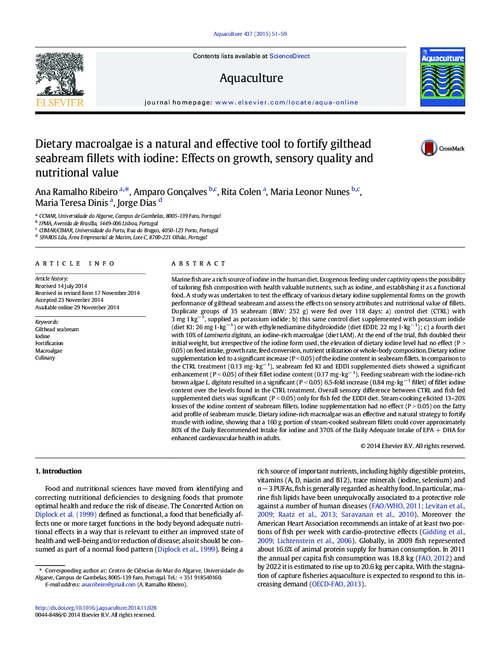 Dietary macroalgae is a natural and effective tool to fortify gilthead seabream fillets with iodine: Effects on growth, sensory quality and nutritional value