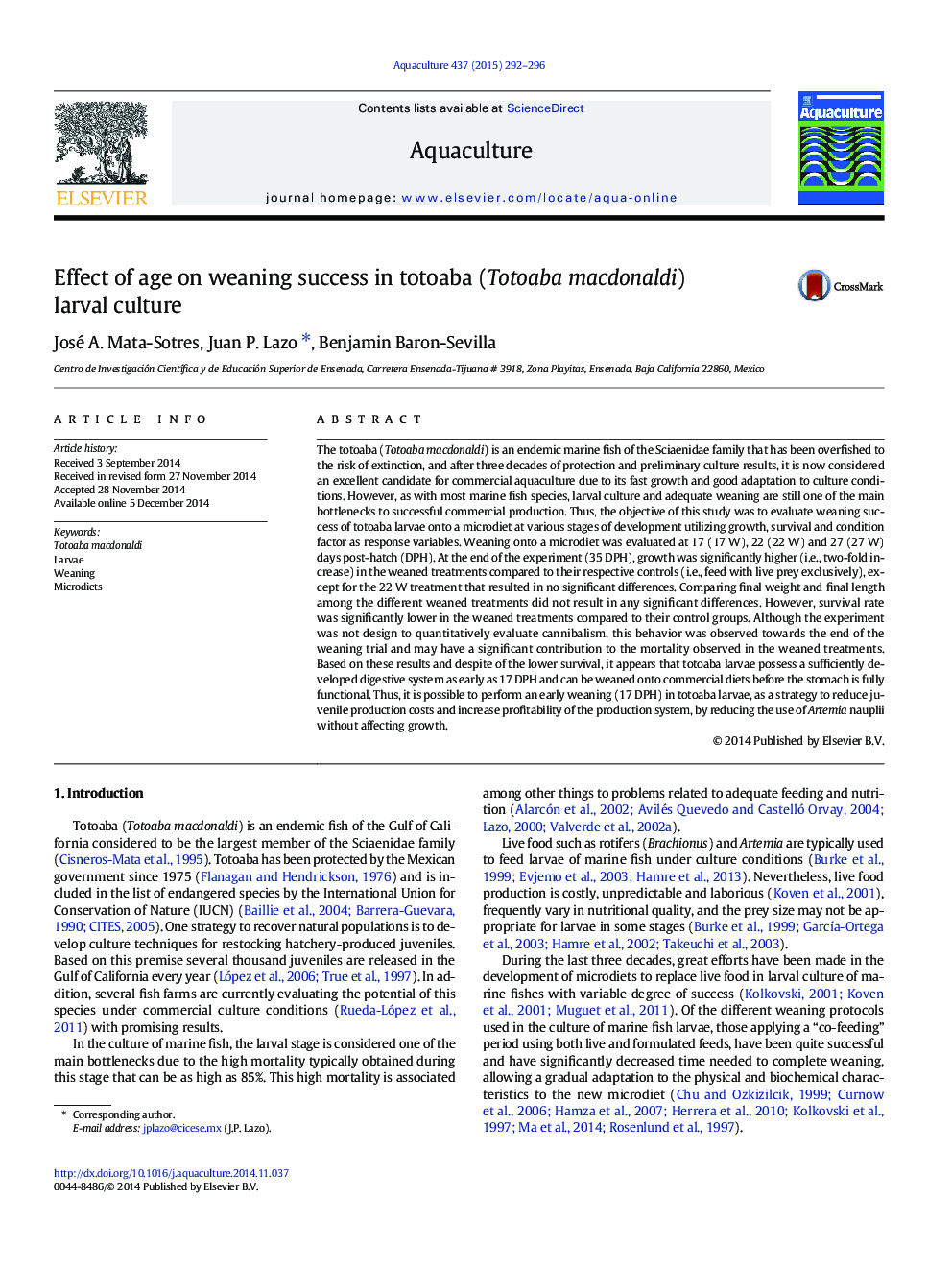 Effect of age on weaning success in totoaba (Totoaba macdonaldi) larval culture