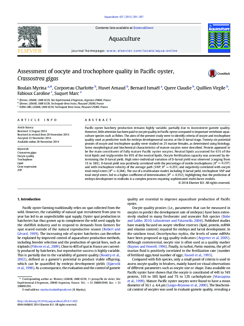 Assessment of oocyte and trochophore quality in Pacific oyster, Crassostrea gigas